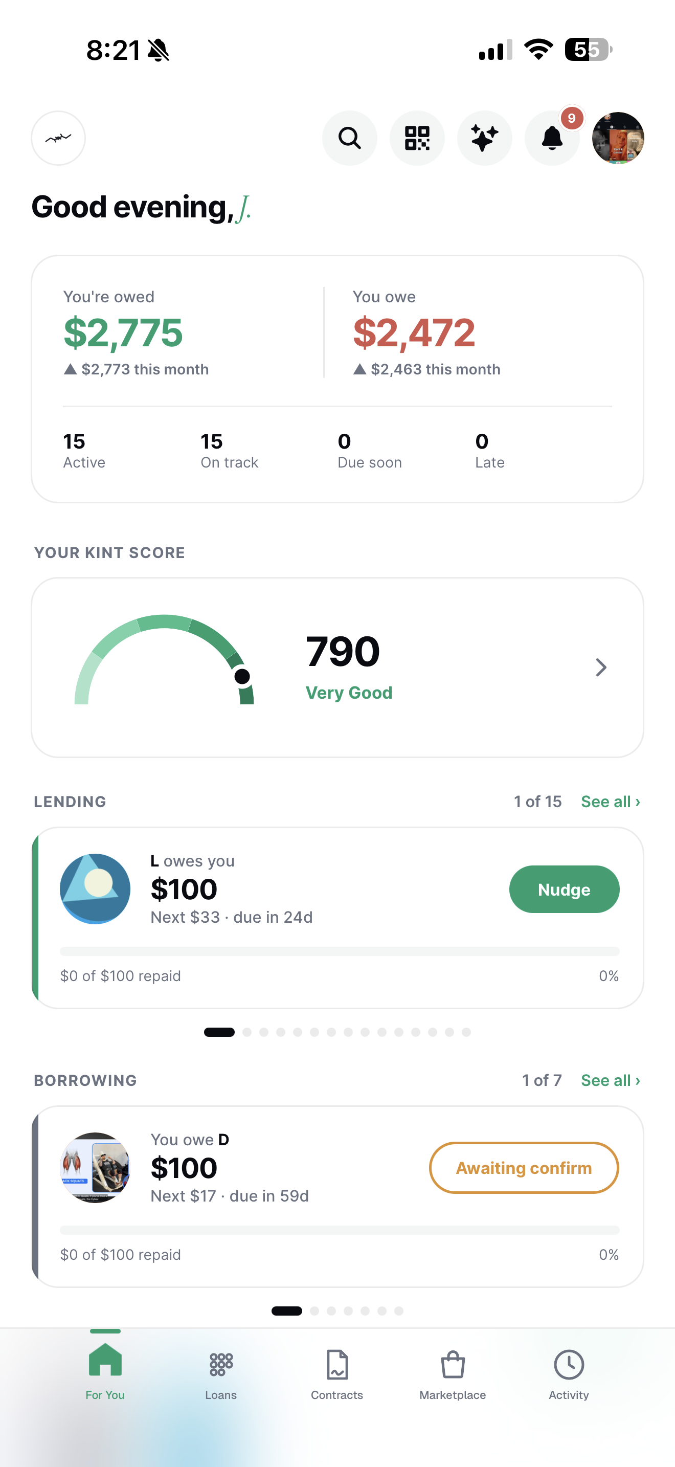 For You — dashboard with Kint Score and loans